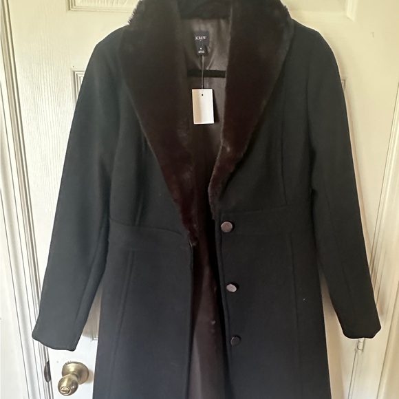 J. Crew Factory Black Trench Lady Day Coat with Faux Fur Collar - Picture 3 of 6